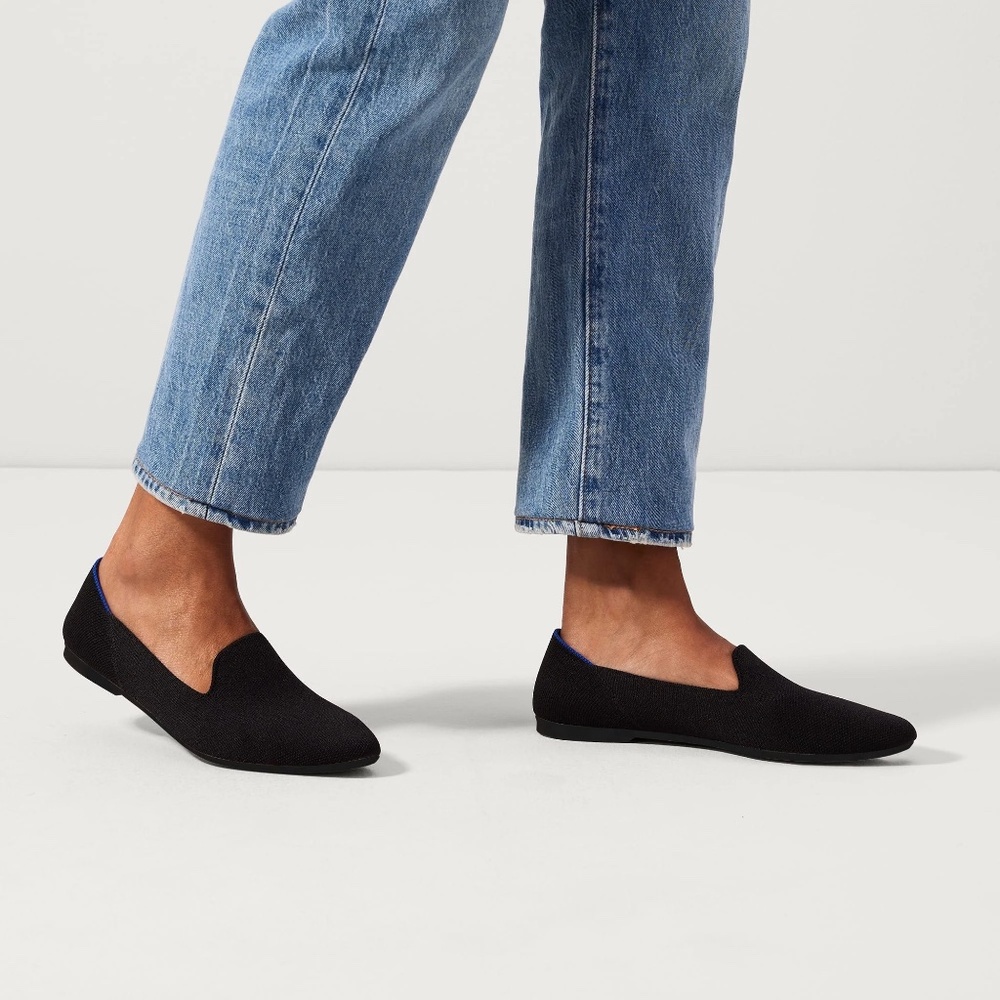 Rothy's Black Knit Slip-On Flats with Blue Trim